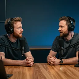 photorealistic photo of two podcast hosts, being dead by a conversation, cinematic, hdr +