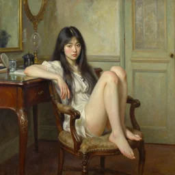 oil painting by ilya kuvshinov, sakimichan, coby whitmore, of a youthful japanese beauty, long hair, sitting on antique chair leaning against a desk, victorian room
