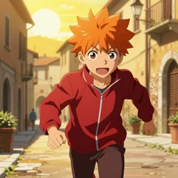 orange - haired anime boy, 1 7 - year - old anime boy with wild spiky hair, wearing red jacket, running through italian town, yellow sunshine, sepia sun, strong lighting, strong shadows, vivid hues, ultra - realistic, sharp details, subsurface scattering, intricate details, hd anime, 2 0 1 9 anime