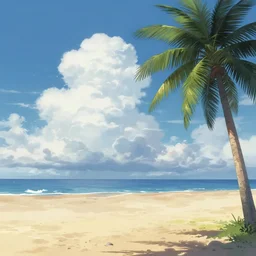illustration of a beach horizon with clouds and one palm tree in the style of goro fujita, sharp focus, highly detailed, artstation