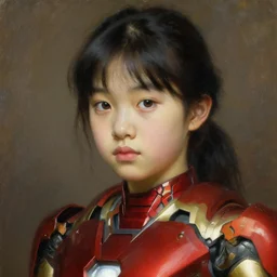 Bouguereau painting .close up of attractive korean girl.girl wearing iron man armor