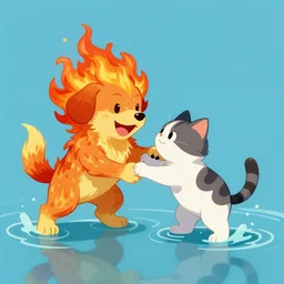 fiery dog and cat fight in the water stylized artgerm artstation hd cgsociety cgi realistic dramatic cinematic artistic trending detailed