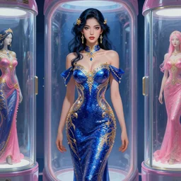 porttait of a beautiful celestial Italian Mexican pearlescent rgb Goddess wearing a futuristic lush Japanese slim dress exposed in cryo chambers by James Jean, royal blue and pink and gold theme, intricate, elegant, highly detailed, centered, digital painting, artstation, concept art, smooth, sharp focus, illustration, by Peter Mohrbacher, WLOP