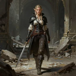 full body character portrait of a female elf with a realistically proportioned face from dragon age walking through a destroyed temple wearing assassins clothes, dragon age concept art, dragon age, illustration, digital painting, realistic lighting, photorealistic eyes, good value control, realistic shading, john singer sargent, in the style of dragon age
