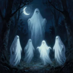 ghosts monsters. tall tall ghouls at midnight in the forest. at night. crescent moon night sky. thomas kinkade. digital painting. marc simonetti. dancing ghost ghoul. michael whelan. mysterious void glow. greg rutkowski. scary. creepy. artstation.