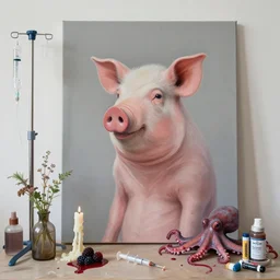 “ a portrait in a female art student ’ s apartment, negative space, sensual, a pig theme, syringe, anaesthetic, art supplies, surgical iv drip, octopus, ikebana, herbs, a candle dripping white wax, squashed berries, berry juice drips, acrylic and spray paint and oilstick on canvas, surrealism, neoexpressionism ”