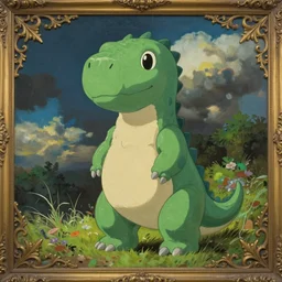a green anthropomorphic dinosaur, art by studio ghibli, adorable and whimsical, oil on canvas, ornate detail