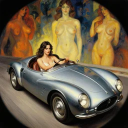 3 d fisheye, very low angle, wide angle, painting showing olivia munn driving exaggerated 1 9 3 0 s car with woman driving, shiny, aerodynamic, dramatic lighting, sultry, sensual, vargas, manara, mucha, moebius, elvgren, greg rutkowski, wlop, loish