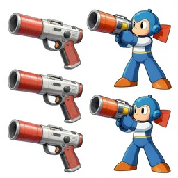 concept sketches of supersoaker bazookas by jamie hewlett, in the style of megaman