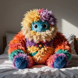 photograph of a jewish golem plushy on bedding, fluffy plush, vibrant color photo, massive and heavy