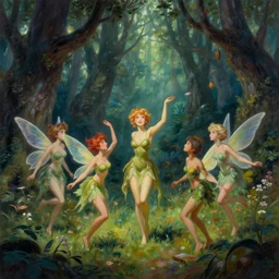 detailed painting of fairies in the moosy forest clearing dancing, in the style of peter mohrbacher, james jean, artgerm, dramatic lighting and composition, surreal background, octane render, pixar, trending on artstation, concept art, comic book, 8 k