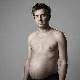 Portrait of the world\'s first pregnant man in the style of Don McCullin, award-winning, detailed, 82mm sigma art