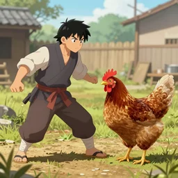Kenshiro protecting a chicken, high quality digital art