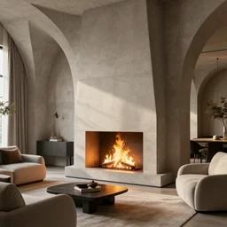 cosy fireplace, modern home design interior, living room with couches, octane render, hyperrealistic, concrete archetecture, vray, volumetric lighting, cinema 4 d, unreal engine