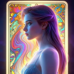 side portrait, imogen poots, paladin!, gloomhaven, soft, smooth, luminescent, art nouveau tarot, backlit glow, colorful swirly ripples, gaudy colors, neon, aesthetic octane render, unreal engine, 8 k, by mucha, ilya kuvshinov!, cushart krenz