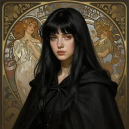 a beautiful girl with long black hair and bangs, wearing a black cloak, fantasy, portrait, sharp focus, intricate, elegant, digital painting, artstation, matte, highly detailed, concept art, illustration, ambient lighting, art by ilya kuvshinov, artgerm, Alphonse mucha, and Greg Rutkowski