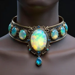 historical, art nouveau, opals and cyan gemstone choker, glowing inside, octane render, realistic, dramatic light, 3 d, photograph 4 k,
