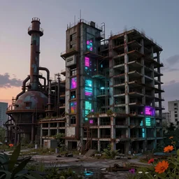 a beautiful hyperdetailed illustration of industrial architecture city nature backroom architecture urbex building abandoned unfinished building by bjarke ingels, at dusk cgsociety at dawn biopunk thermal vision neon signs darkacademia evil vaporwave flowers, archdaily, wallpaper, highly detailed, trending on artstation.
