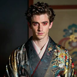 colorful Captivating andrew garfield, brown eyes with red eye markers, slim body, wearing a detailed Japanese kimono with golden details, atmospheric lighting, painted, intricate, 4k, highly detailed by Charlie Bowater