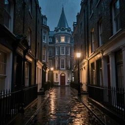 quiet victorian london alley at night, raining, dim volumetric lighting, 8 k octane render, hdr, postprocessing, hyperdetailed, intricate, epic composition, cinematic lighting, masterpiece, trending on artstation, stunning artwork by anders zorn, extraordinary art by greg rutkowski,