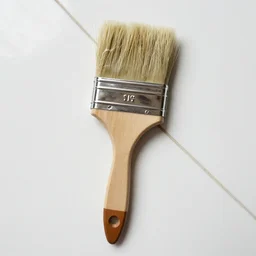 drippy paintbrush with a wooden grip lying on a white-tiled floor, photorealistic, overhead view