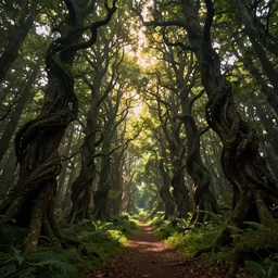 scary fairy tale mystical forest twisted creepy trees magical forest landscape artwork trees near the path amazing nature, cinematic view, epic sky, detailed, concept art, low angle, high detail, warm lighting, volumetric, godrays, vivid, beautiful, trending on artstation, by jordan grimmer, huge scene, grass, art greg rutkowski
