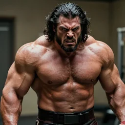 a steroids werewolf with absurdly big muscles,  intense expression, film still