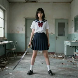 School girl holding a katana and standing on an abandoned hospital room, by Salvador Dali