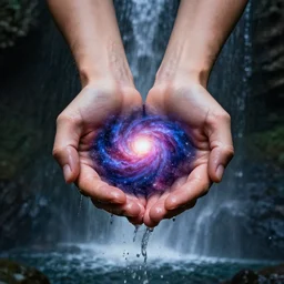 hands cupping a waterfall made from the universe