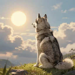 back view of husky watching the sun sitting of the hill, clouds in the sky, hyperdetailed, artstation, cgsociety, 8 k