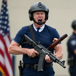 joe biden holding a machine gun at his waist and screaming whilest wearing a helmet.