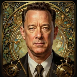 portrait of tom hanks, volumetric lights, feast, music notes, art nouveau botanicals, gothic, intricate, highly detailed, digital painting, artstation, concept art, smooth, sharp focus, symmetric face, illustration, steampunk, art by artgerm and greg rutkowski and alphonse mucha