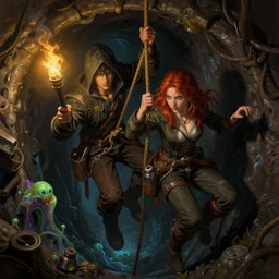 couple of boy and girl as dnd thiefs climb down by rope down, dark sewer, torchlights, thievery equipment, night, slime, fogy, shade, fantasy digital art, detailed face, gorgeous, colorfull, amazing, intricate, highly detailed, painting by gaston bussiere, craig mullins