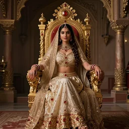 An ornate, detailed medieval throne room, lavishly decorated, an Indian princess sits on a golden jewel encrusted throne