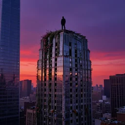 light tenebroso, figure standing atop skyscraper, ruins of a 2 0 th century new york, water logged buildings, sun set, deep purple and red in the sunset sky, glass skyscrapers, vines with pink flowers, abandoned, cracks, rubble, rust