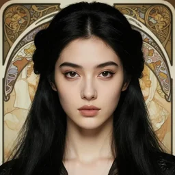 portrait of a tall 4 0 - year - old woman with thin lips, long, lush black hair gathered on the head, and thick eyebrows, wearing in black clothes, aristocratic appearance, hyper realistic face, beautiful eyes, close up, fantasy art, in the style of greg rutkowski, intricate, alphonse mucha, hyper detailed, smooth
