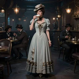full body portrait photo of reol wearing a elegant pleated steampunk dress, open top, wearing a cute hat, drinking coffee in a ( ( busy ) ) steampunk cafe interior, dim studio lighting, at night, ( ( photograph ) ), moody, realistic, detailed, low light, skin tinted a warm tone, light blue filter, victorian, 1 8 8 0 s