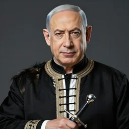 insanely detailed portrait of benjamin netanyahu, oriental clothing, feathers, laces, holding sword, black lipstick, colorful striped background, rich colors, vibrant colors, outlines, mysterious look, by yoshitaka amano