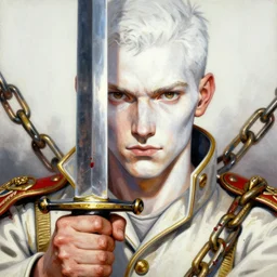 portrait of a white young hero holding his sword in front of his face by yoji shinkawa, high quality, extra details, realism, ornate, colored, golden chain, blood, white skin, short hair, brown eyes, vivid, sunlight, dynamic, american man, freedom, white american soldier, painting