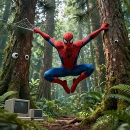 a high resolution highly detailed digital art of spiderman flying in air sticked to a web out of his hand to a tree in a green jungle with large pine trees, pine trees have cute eyes, there are left old computers on the ground, trending on artstation, hyperrealistic, dslr photography