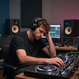 tired music producer making drum and bass in a dingy music studio, stylistic digital art