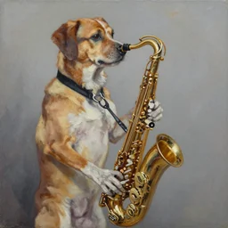 a dog plays the saxophone, oil on canvas, 1 8 8 3, highly detailed