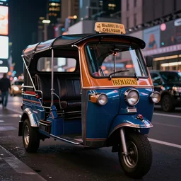 a tuk tuk in Times Square at night, luxurious, elegant, highly detailed, award winning photography, moody, dramatic lighting, cinematic, matte painting, concept art, 4k