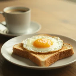 egg on toast with coffee, shallow depth of field, hazy yellow light