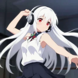 anime film still of a long white haired red eyed cute girl wearing a headset, dynamic pose, kuvshinov ilya, kyoani