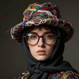 a beautiful portrait with a big glasses and hair cover by a hat made by colourful wires ,inspired by baroque art, new classic,hyper realistic,fashion design, concept art, hdri, 4k -