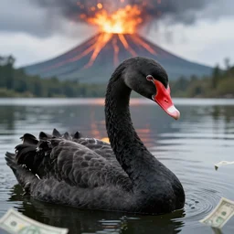 an ape with the body of a black swan, swimming in the lake. volcano erupting money as background. portrait photography, close up, high definition, 4 k, 8 k, popular on national geographic, highly detailed furs and feathers.
