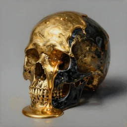 gustave coubert painting of molten gold poured over a black shiny onyx human skull, 3 / 4 angle. liquid molten gold fluid dripping from top, slips over and drains to bottom