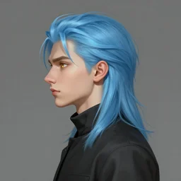 side profile of ilya kuvshinov with long hair, sky blue hair, gold hazel eyes, boyish face, high collar, black jacket, professional digital painting, concept art, award - winning photography, cinematic, stained glass window, wlop, art by pixiv art, yoshitaka amano, junki ito