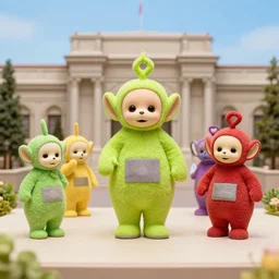 diorama at the american museum of natural history, new york, of teletubbies as furry animals